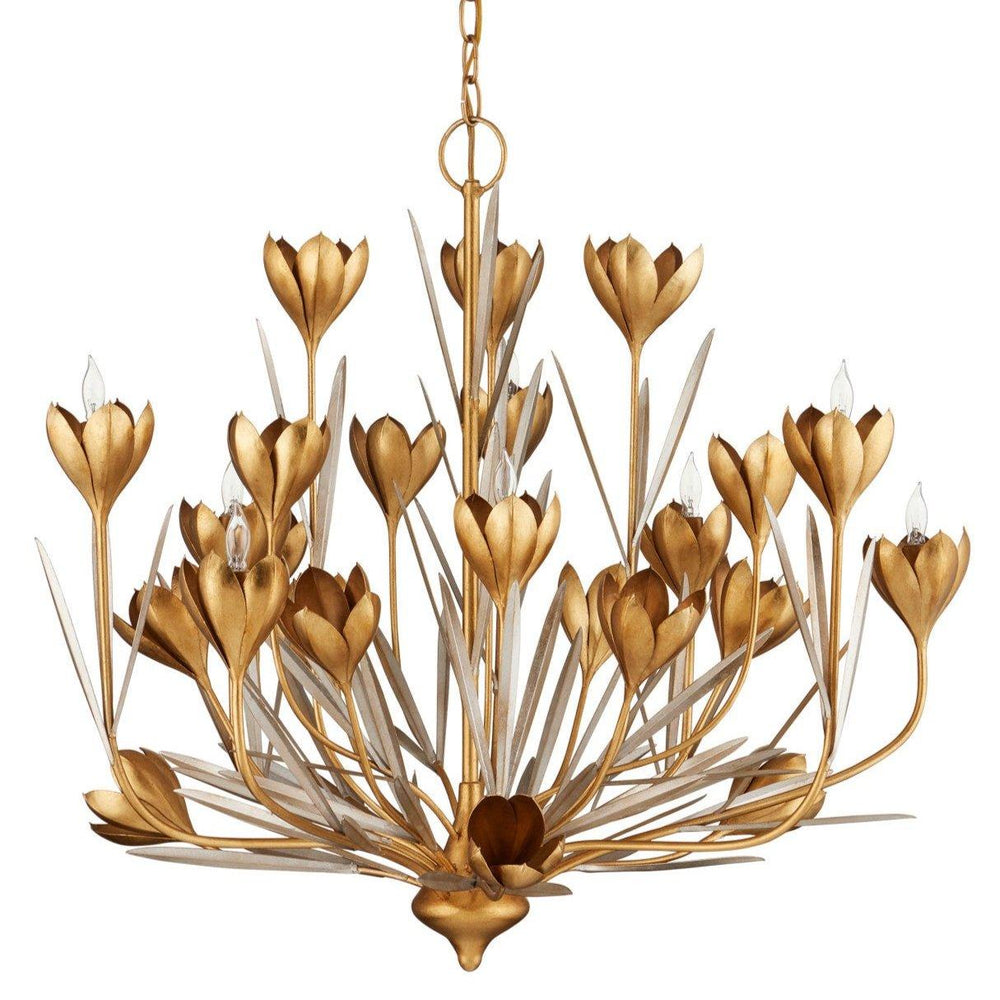 Golden floral chandelier with tulip-inspired design for French country or shabby chic interiors