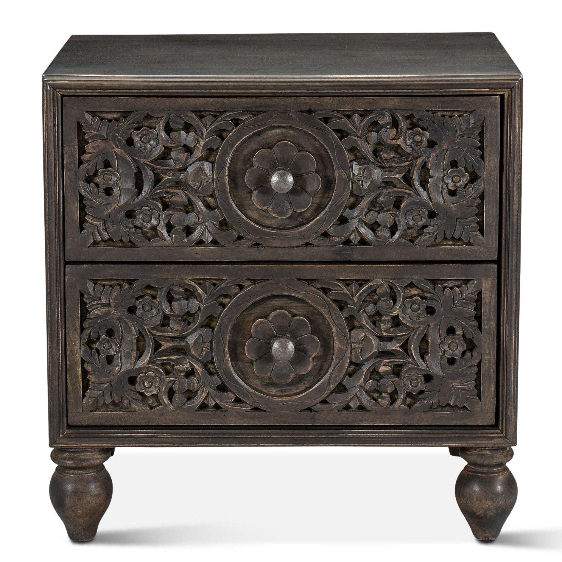 Vintage Brown Ornately Carved Bohemian Nightstand - Belle Escape