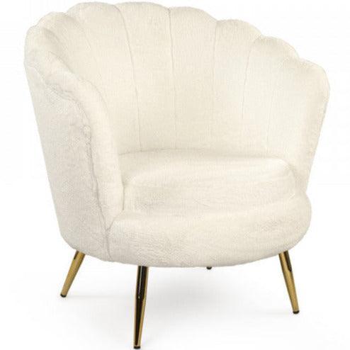 Cream boucle shell-shaped accent chair with gold metal legs in a modern boho style.
