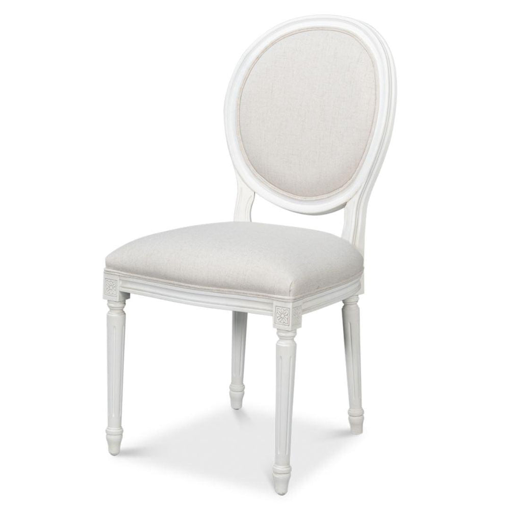 French country style oval back dining chair in white with beige upholstery