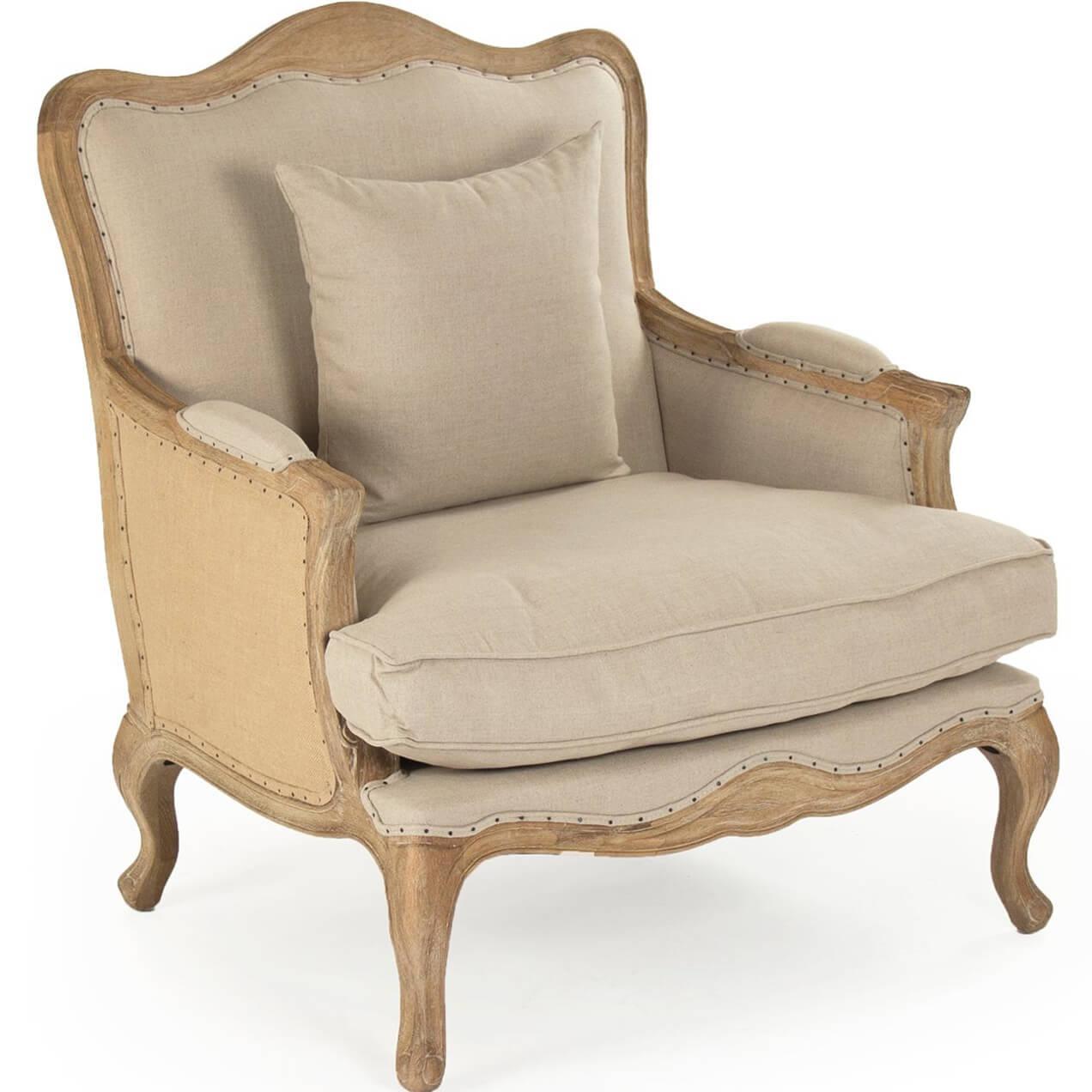 Wood Carved French Burlap Club Chair - Belle Escape