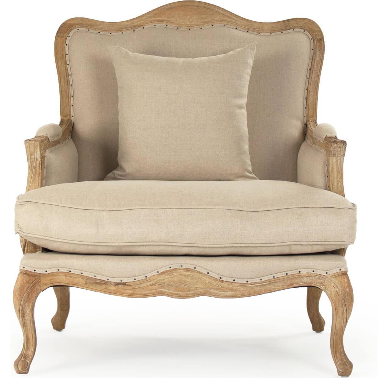 Wood Carved French Burlap Club Chair - Belle Escape