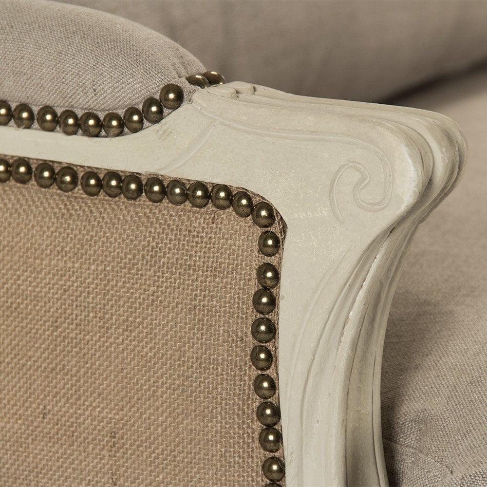 French country sofa with nailhead trim and distressed white frame, shabby chic style